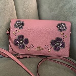 COACH 31837 Hayden Pink Foldover Crossbody Clutch With Leather Sequin Applique